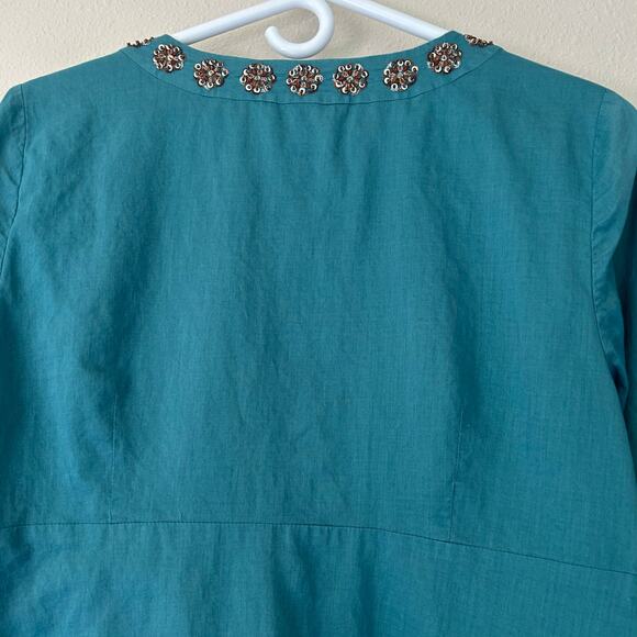 Loft babydoll bell sleeve beaded neckline cotton fairy Boho hippie teal blue M - Picture 9 of 12